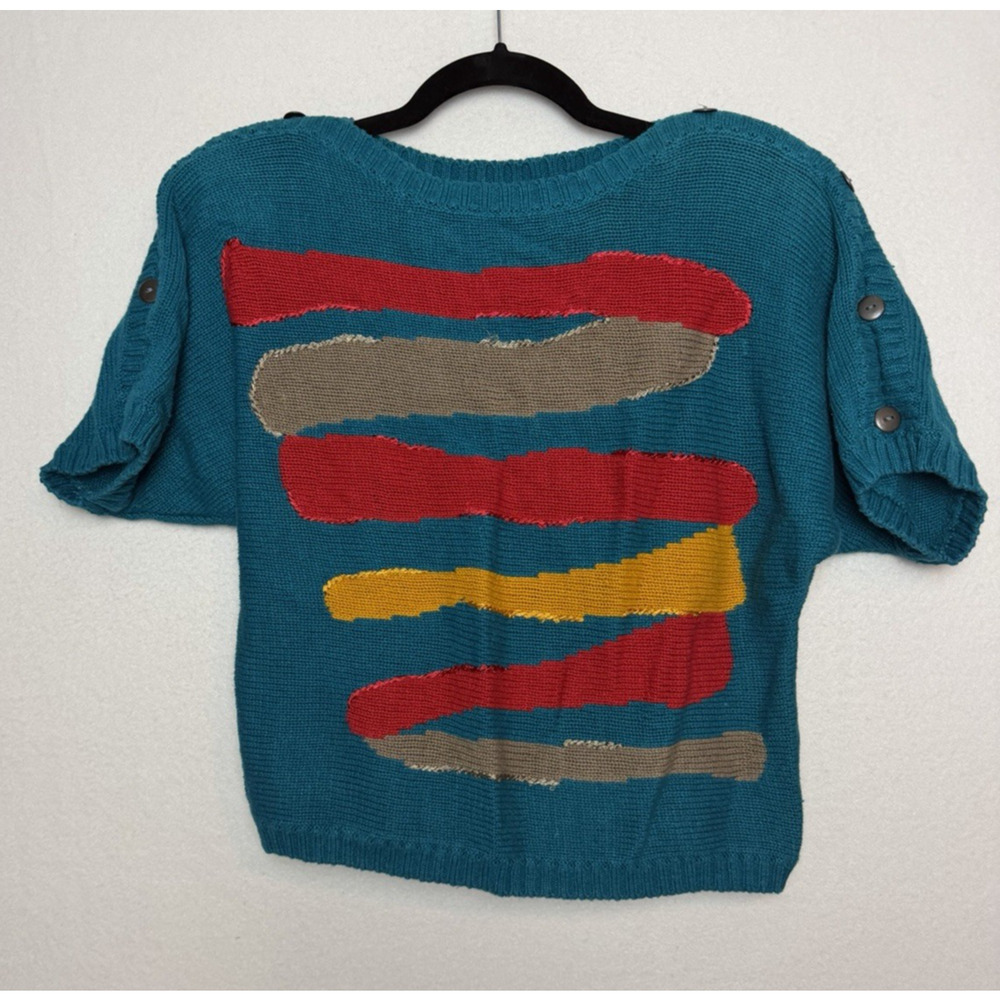 Chaus Petites Teal Boat Neck Short Sleeve Sweater Size M Abstract Brush Strokes